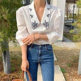 Embroidered-collar Puff-sleeve Blouse White - One Size