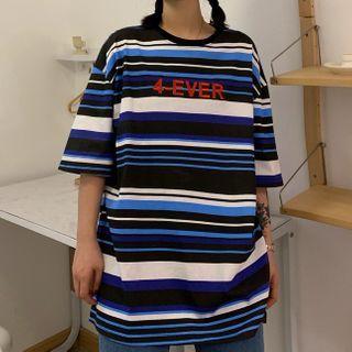 Elbow-sleeve Striped Letter Embroidered T-shirt