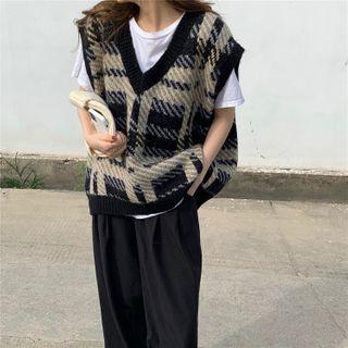 Plaid Knit Vest 1077 - Black - One Size