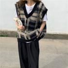 Plaid Knit Vest 1077 - Black - One Size