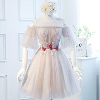 Elbow-sleeve Floral Accent Short Prom Dress