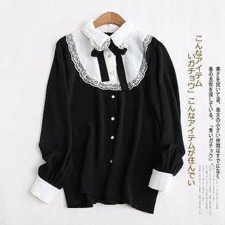 Long-sleeve Lace Trim Color Block Shirt