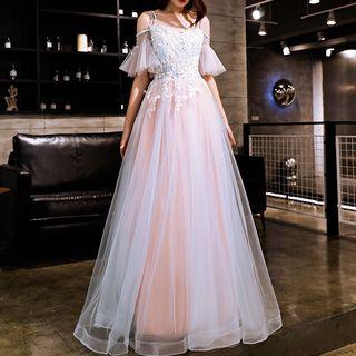 Cold Shoulder Flutter Sleeve Lace Panel V-neck Evening Gown