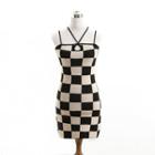 Spaghetti Strap Checkerboard Knit Mini Bodycon Dress