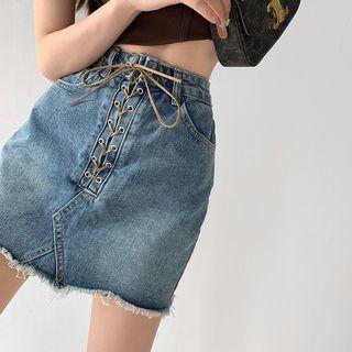 Details Lace-up Denim Pencil Skirt