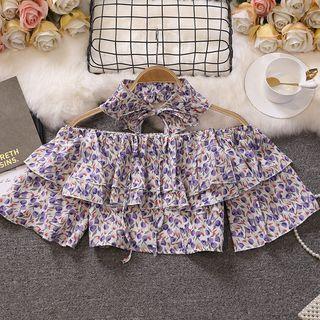 Set: Off-shoulder Ruffle Cropped Blouse + Choker