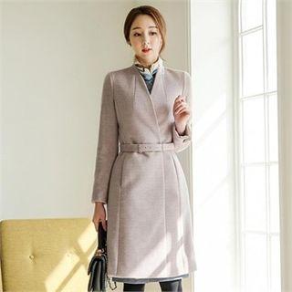 Collarless Herringbone Coat With Belt
