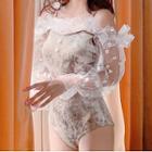 Cold-shoulder Lace-sleeve Velvet Swimsuit