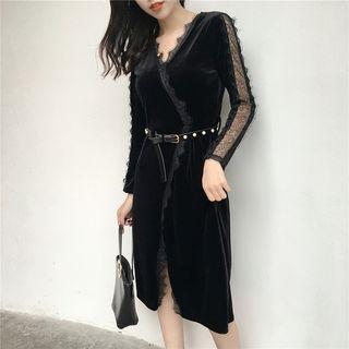 Lace Trim Long-sleeve A-line Velvet Dress