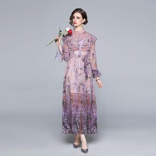Ruffle Trim Floral Maxi A-line Dress With Slipdress