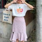 Short-sleeve Peach T-shirt / Ruffle Hem Asymmetric Pencil Skirt