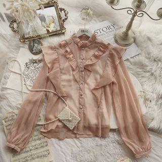 Ruffle Trim Long-sleeve Chiffon Blouse Pink - One Size