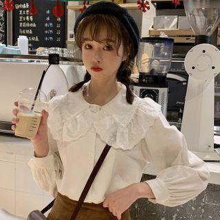 Long-sleeve Peter Pan-collar Ruffle Trim Shirt White - One Size