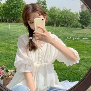 Frill Trim Elbow-sleeve Chiffon Blouse As Shown In Figure - One Size