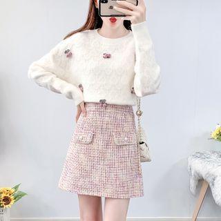 Set: Flower Accent Sweater + Skirt