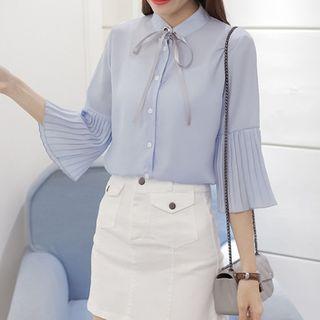 Bow Accordion 3/4-sleeve Chiffon Blouse