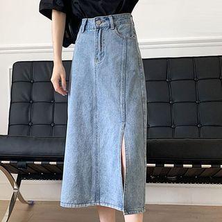 High-waist Slit Hem A-line Denim Skirt