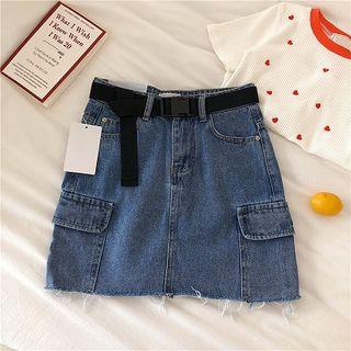 Frayed High-waist A-line Denim Skirt With Belt