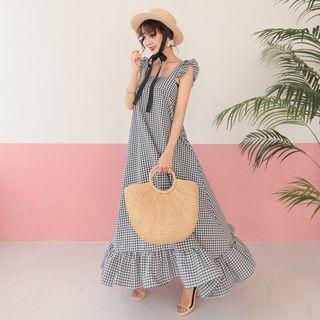 Frilled-detail Gingham Long Dress