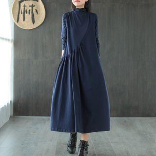 Mock-neck Plain Midi A-line Dress