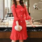 Layered Elbow-sleeve Lace Dress
