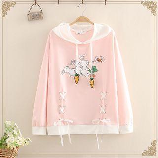 Rabbit Printed Lace-up Detail Hoodie
