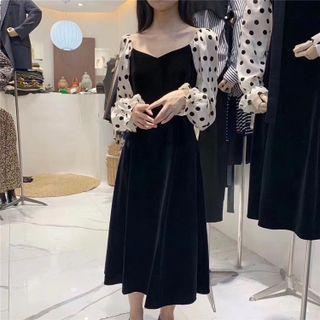 Bell-sleeve Dotted Panel Velvet Midi A-line Dress