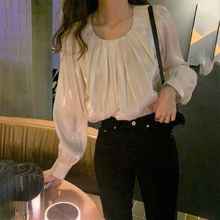 Long-sleeve Glitter Plain Blouse Almond - One Size