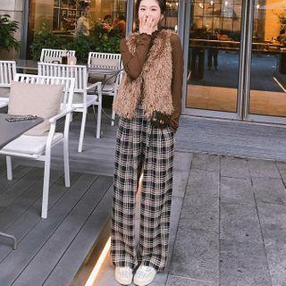 Furry Vest / Plaid Straight Fit Pants