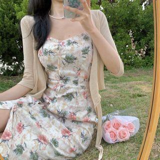 Halter Neck Floral Print Midi Dress / Elbow-sleeve Cardigan