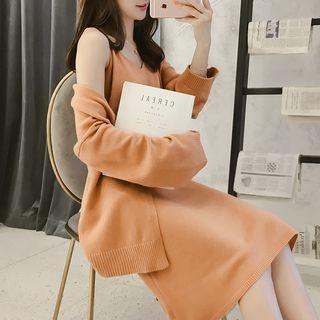 Set: Open Front Cardigan + Spaghetti Strap Midi Knit Dress Set - Blazer - Orange - One Size / Midi Skirt - Orange - One Size