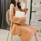 Set: Open Front Cardigan + Spaghetti Strap Midi Knit Dress Set - Blazer - Orange - One Size / Midi Skirt - Orange - One Size