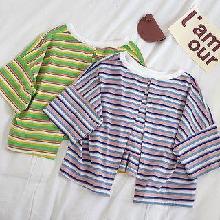 Slit Striped Short-sleeve T-shirt