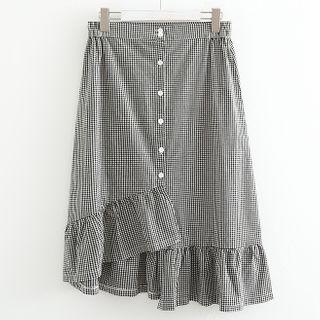 Plaid Ruffle Hem Button-up Midi Skirt