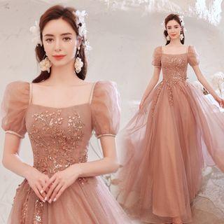 Short-sleeve Floral Embellished A-line Wedding Gown