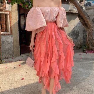 Off-shoulder Top / High-waist Ruffle Trim Dress