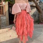 Off-shoulder Top / High-waist Ruffle Trim Dress