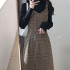 Spaghetti Strap Plaid Midi Dress / Long-sleeve Mock-neck Top / Set