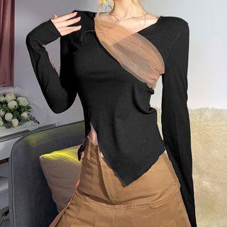 Long-sleeve Asymmetrical Mesh Panel Top