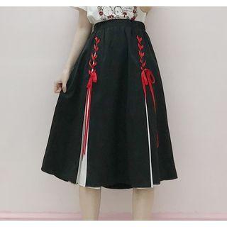 Color Block Lace-up Midi A-line Skirt Black - One Size