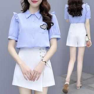 Set Of 2 - Plain Short-sleeve Top + Flower Trim Shorts