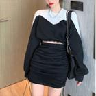 Cropped Color Block Sweatshirt / Fitted Drawcord Mini Skirt
