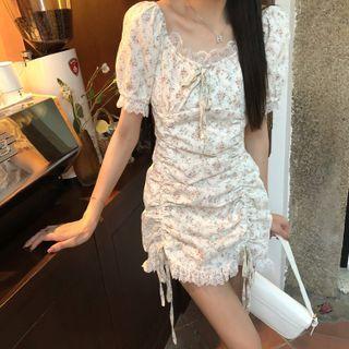 Short-sleeve Floral Drawstring Mini Dress Almond - One Size