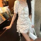 Short-sleeve Floral Drawstring Mini Dress Almond - One Size