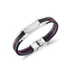 Simple Fashion Geometric Rectangular 316l Stainless Steel Black Leather Bracelet Silver - One Size