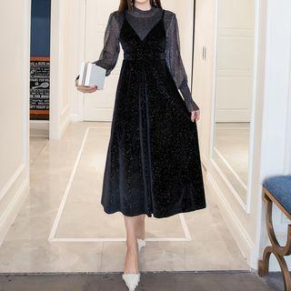 Set: Long-sleeve Sheer Top + Spaghetti-strap A-line Midi Dress