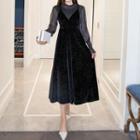 Set: Long-sleeve Sheer Top + Spaghetti-strap A-line Midi Dress