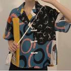 Short-sleeve Print Frog Buttoned Shirt