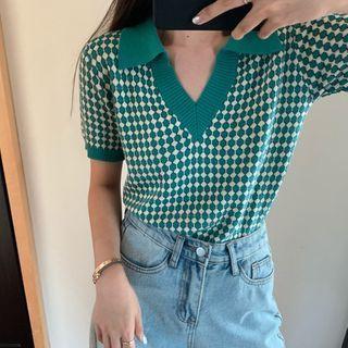 Patterned Short-sleeve Knit Top As Shown In Figure - One Size