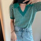 Patterned Short-sleeve Knit Top As Shown In Figure - One Size